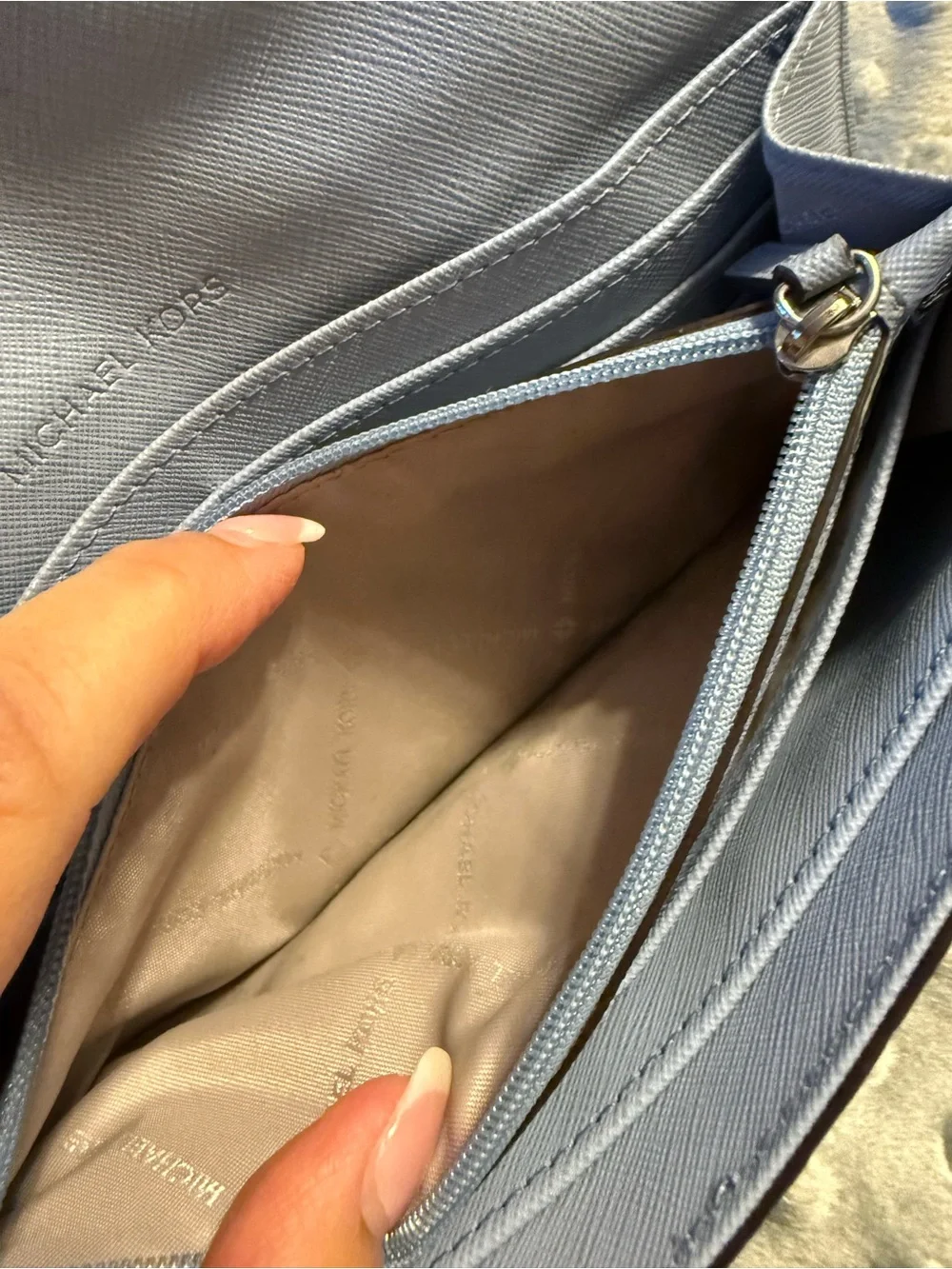 Michael Kors Pebbled Leather Continental Wallet in Light Gray/light blue